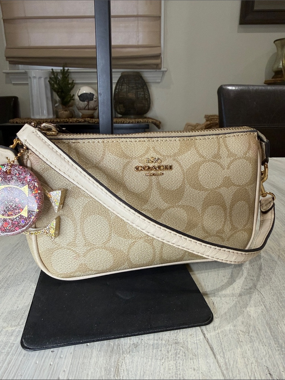 Coach Beige Signature Mini Shoulder Bag with Gold Hardware - Picture 13 of 13